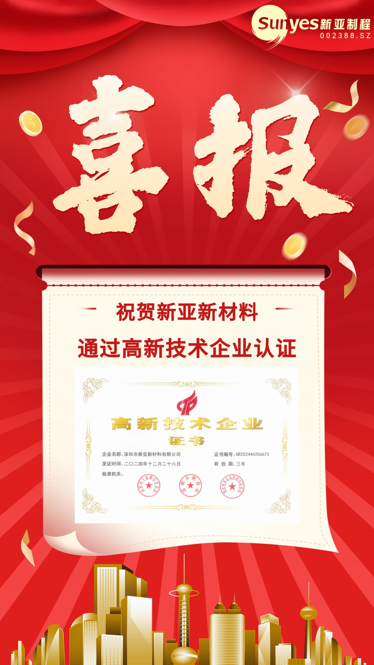 新亞新材料再次榮獲國家級高新技術企業(yè)認證